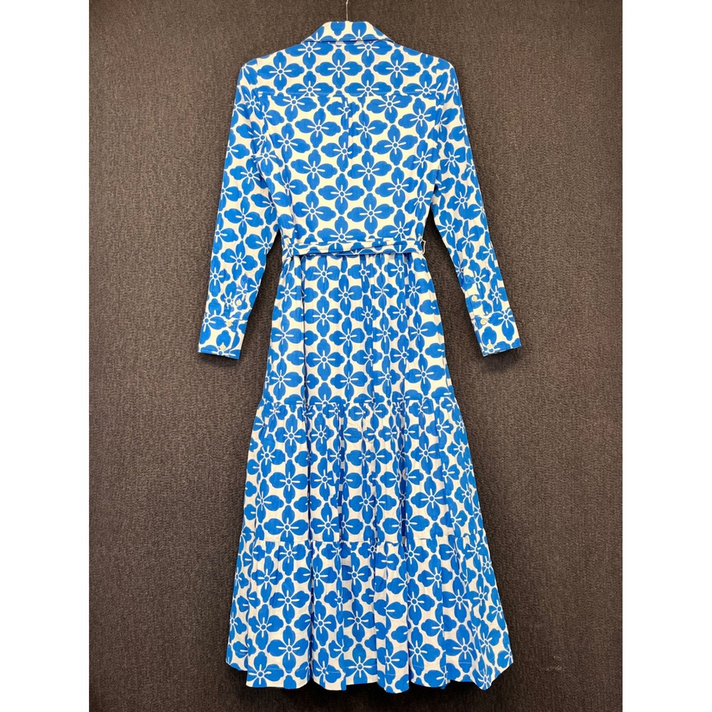 Boden Blue White Floral Cotton Tiered Midi Shirt Dress Pockets US 2R D0468 - Picture 2 of 7